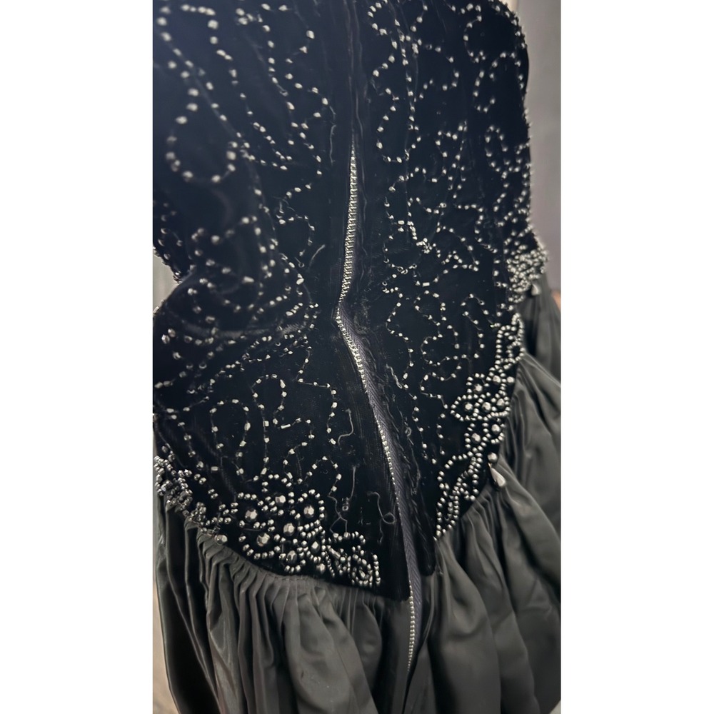 Gothic glam Black Velvet taffeta Midi Dress Whimsigoth Beaded Basque waist XS/S - Picture 9 of 10